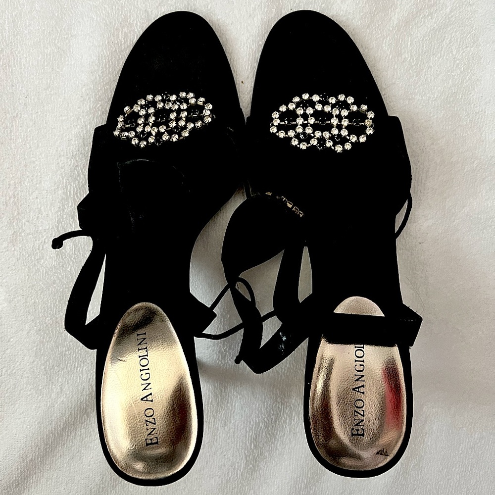 Enzo 3.5 inch heels, satin with stones embellished. Strings Tie back to ankles.